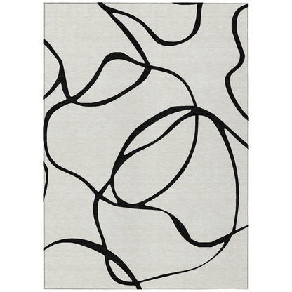 9' X 12' White And Black Abstract Washable Indoor Outdoor Area Rug