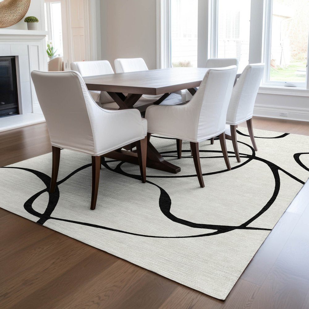 9' X 12' White And Black Abstract Washable Indoor Outdoor Area Rug