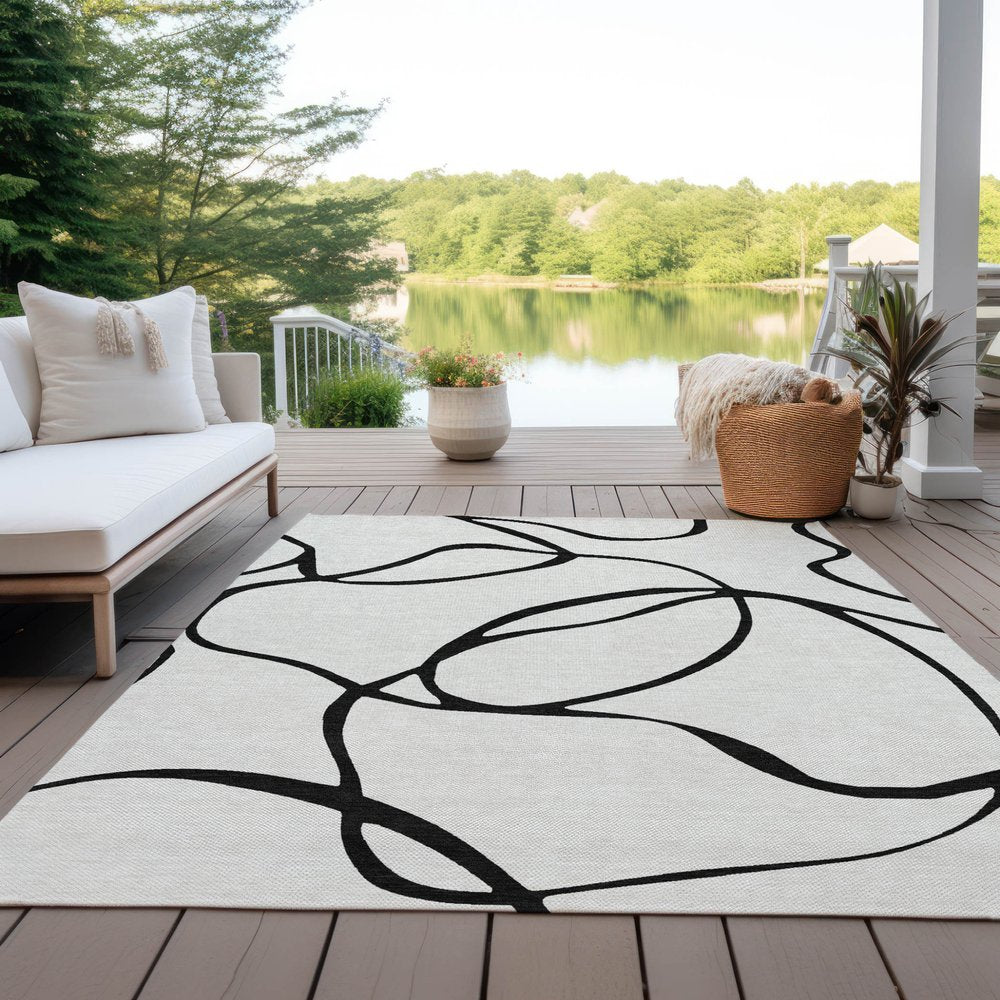 9' X 12' White And Black Abstract Washable Indoor Outdoor Area Rug