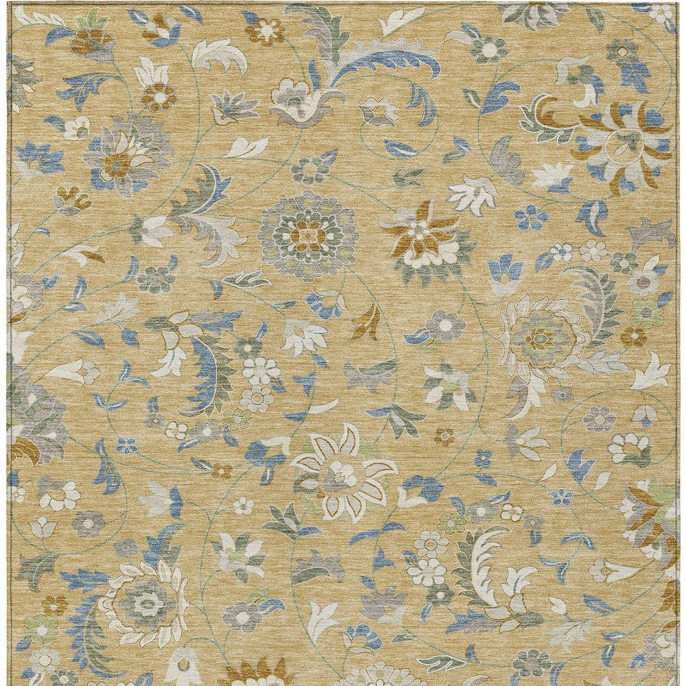 9' X 12' Wheat Blue And Ivory Floral Washable Indoor Outdoor Area Rug