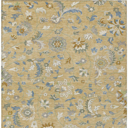 9' X 12' Wheat Blue And Ivory Floral Washable Indoor Outdoor Area Rug