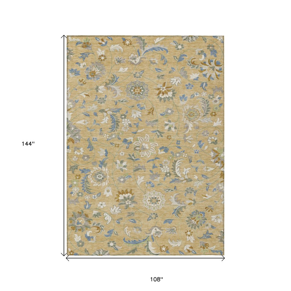 9' X 12' Wheat Blue And Ivory Floral Washable Indoor Outdoor Area Rug