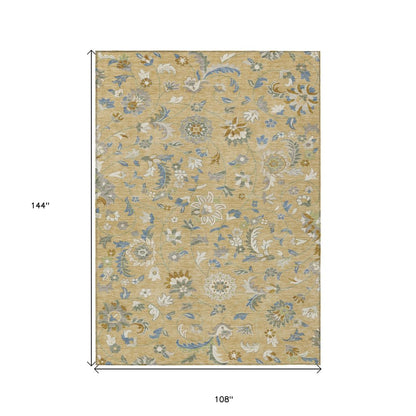 9' X 12' Wheat Blue And Ivory Floral Washable Indoor Outdoor Area Rug