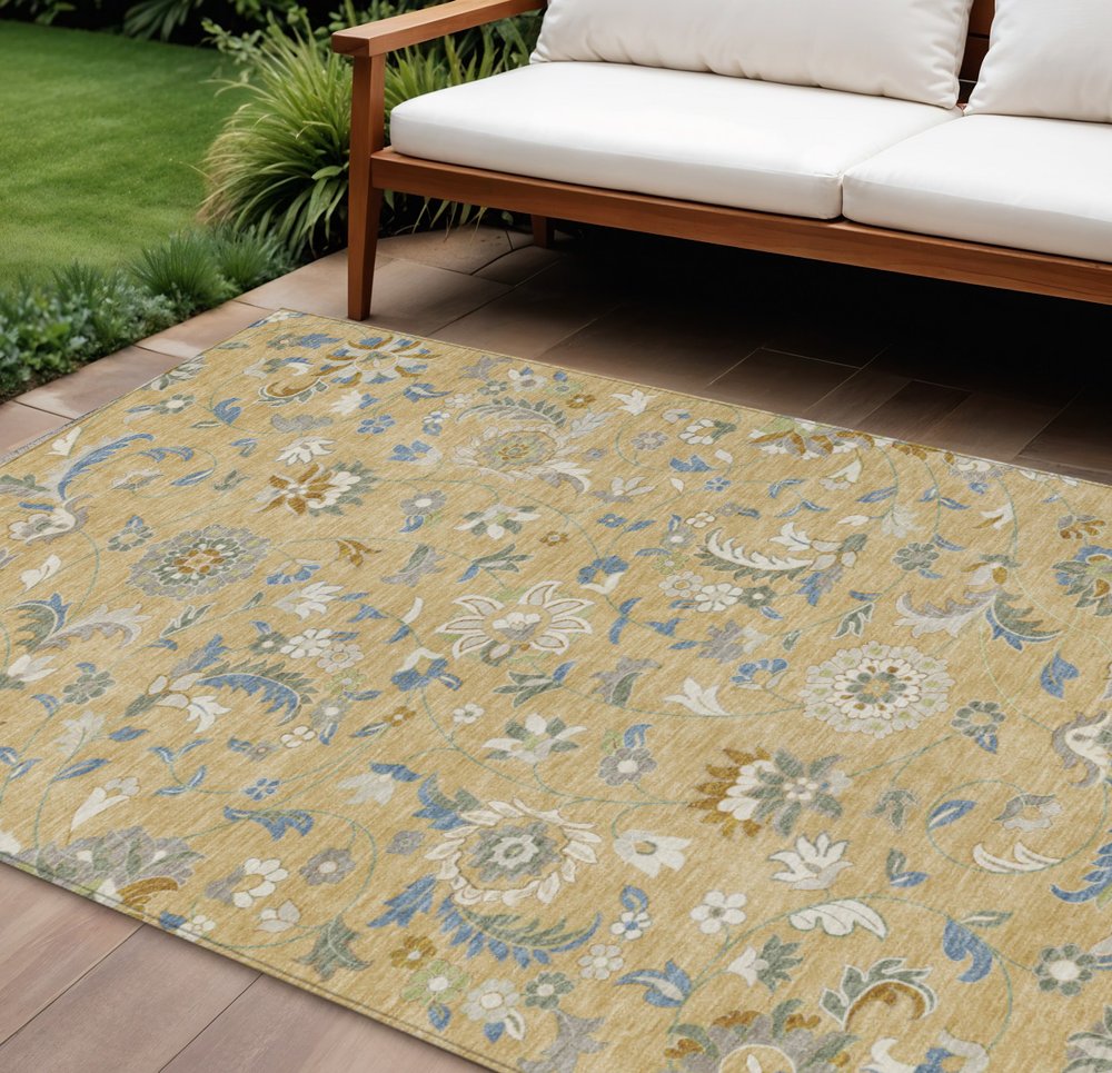 9' X 12' Wheat Blue And Ivory Floral Washable Indoor Outdoor Area Rug