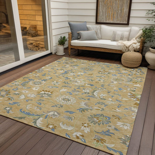 9' X 12' Wheat Blue And Ivory Floral Washable Indoor Outdoor Area Rug