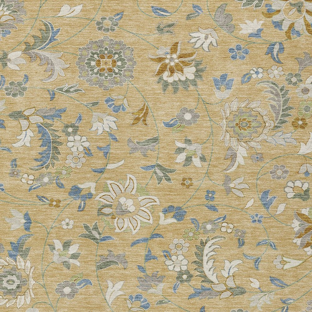 9' X 12' Wheat Blue And Ivory Floral Washable Indoor Outdoor Area Rug