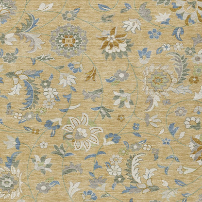9' X 12' Wheat Blue And Ivory Floral Washable Indoor Outdoor Area Rug