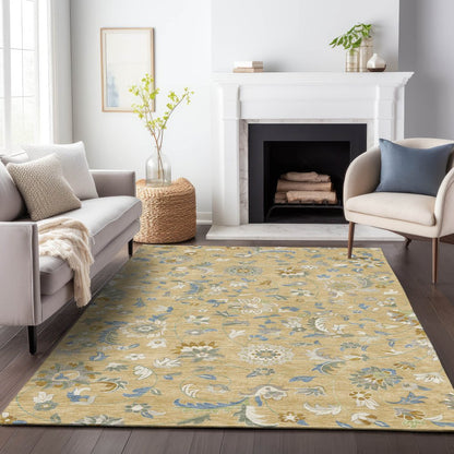 9' X 12' Wheat Blue And Ivory Floral Washable Indoor Outdoor Area Rug