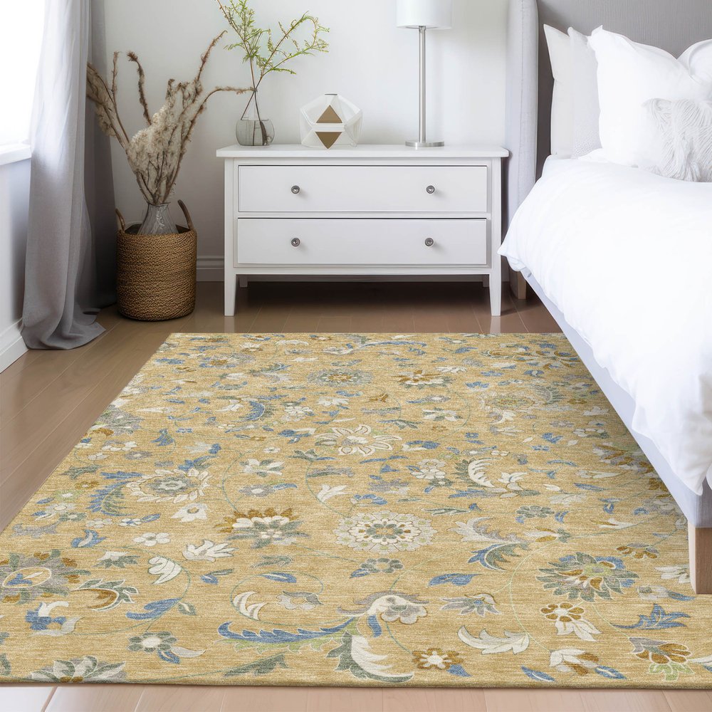 9' X 12' Wheat Blue And Ivory Floral Washable Indoor Outdoor Area Rug