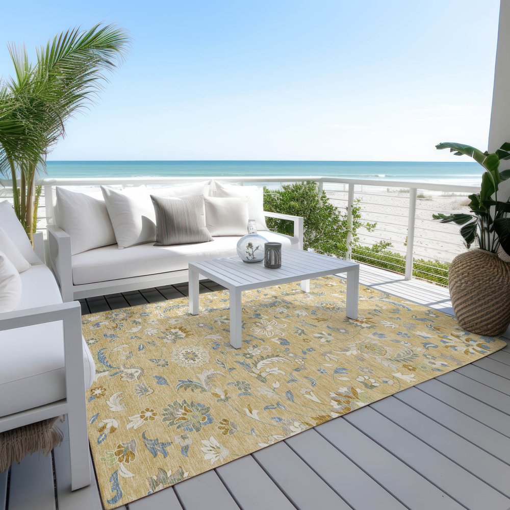 9' X 12' Wheat Blue And Ivory Floral Washable Indoor Outdoor Area Rug