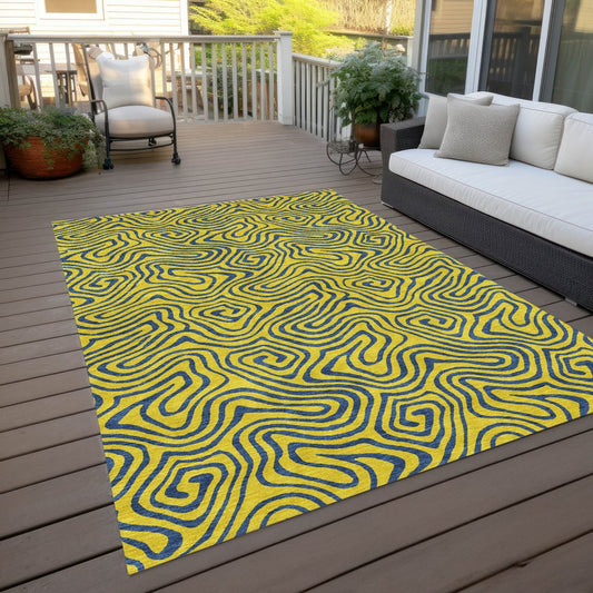 9' X 12' Yellow And Blue Abstract Washable Indoor Outdoor Area Rug