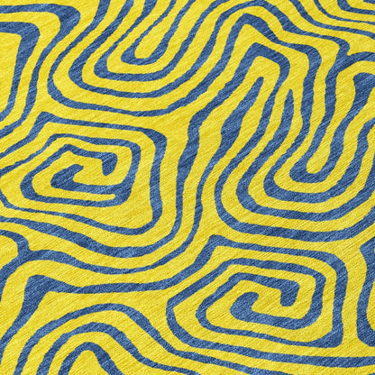 9' X 12' Yellow And Blue Abstract Washable Indoor Outdoor Area Rug
