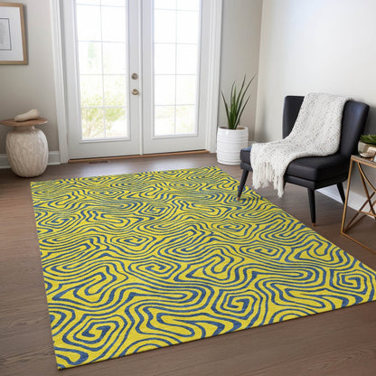 9' X 12' Yellow And Blue Abstract Washable Indoor Outdoor Area Rug