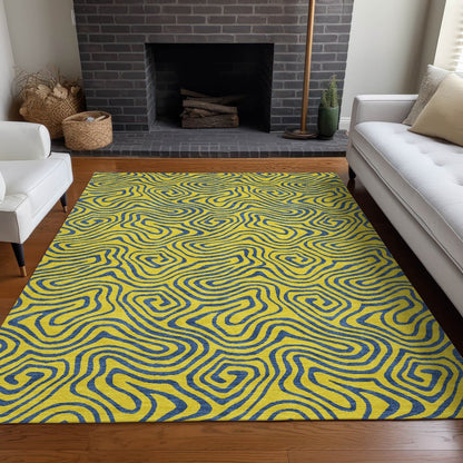 9' X 12' Yellow And Blue Abstract Washable Indoor Outdoor Area Rug
