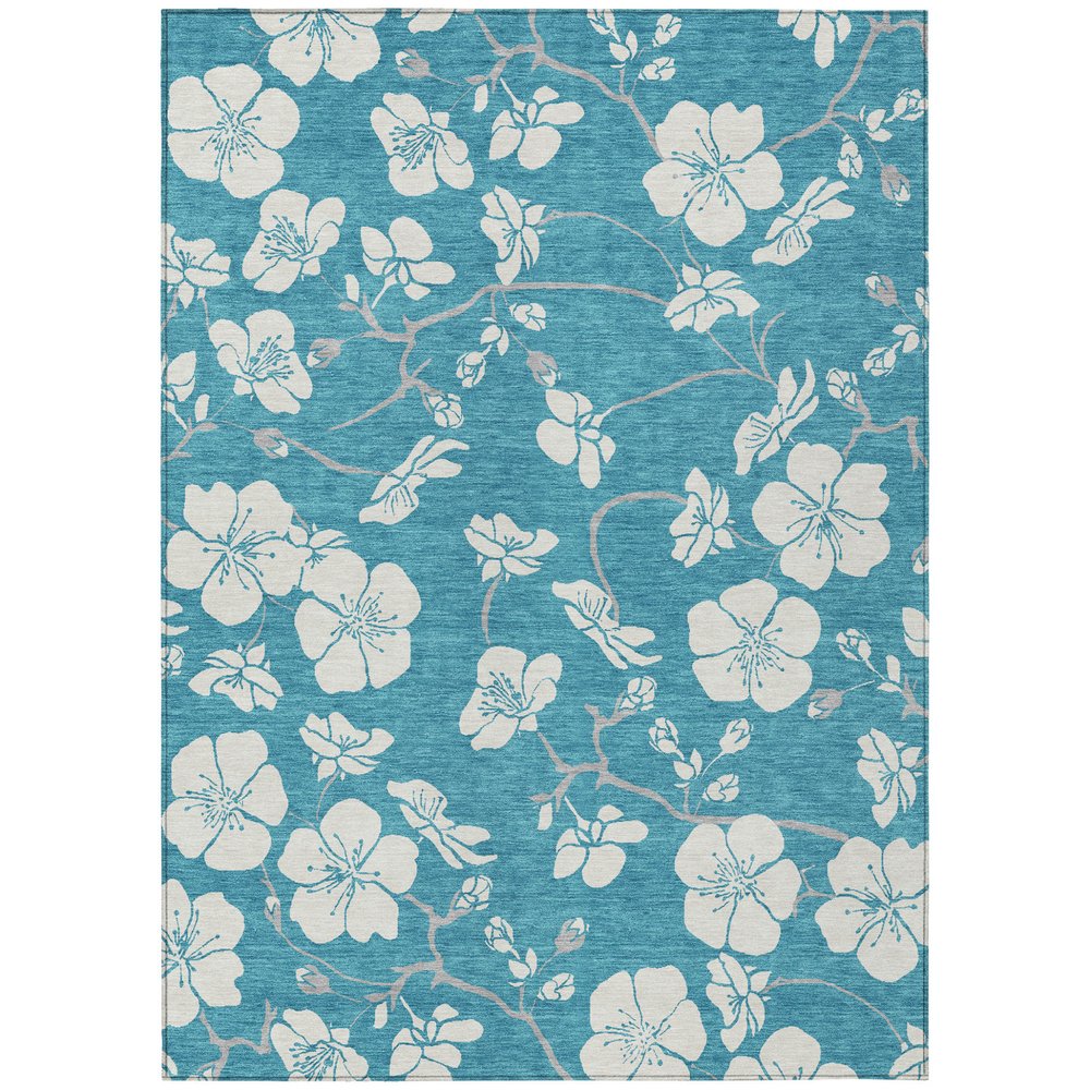 9' X 12' Turquoise Ivory And Gray Floral Washable Indoor Outdoor Area Rug