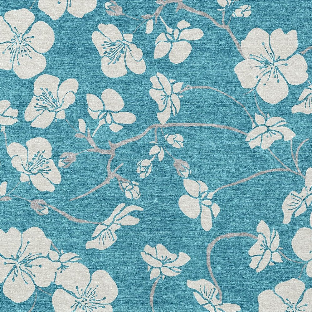9' X 12' Turquoise Ivory And Gray Floral Washable Indoor Outdoor Area Rug