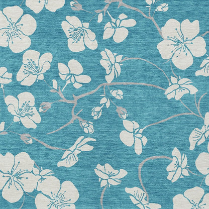 9' X 12' Turquoise Ivory And Gray Floral Washable Indoor Outdoor Area Rug