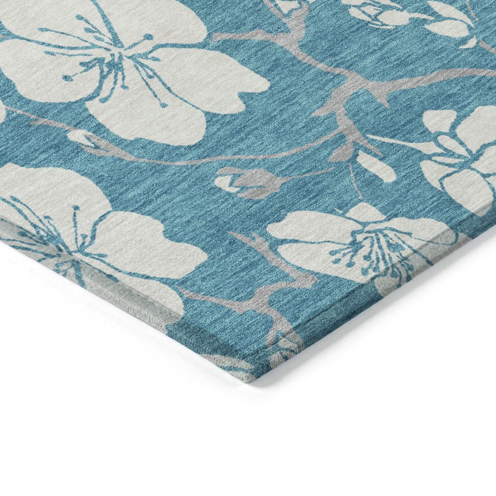 9' X 12' Turquoise Ivory And Gray Floral Washable Indoor Outdoor Area Rug
