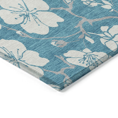 9' X 12' Turquoise Ivory And Gray Floral Washable Indoor Outdoor Area Rug