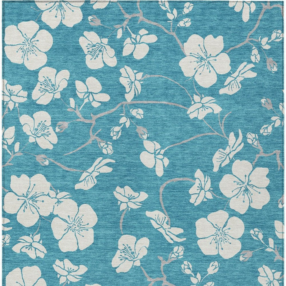 9' X 12' Turquoise Ivory And Gray Floral Washable Indoor Outdoor Area Rug