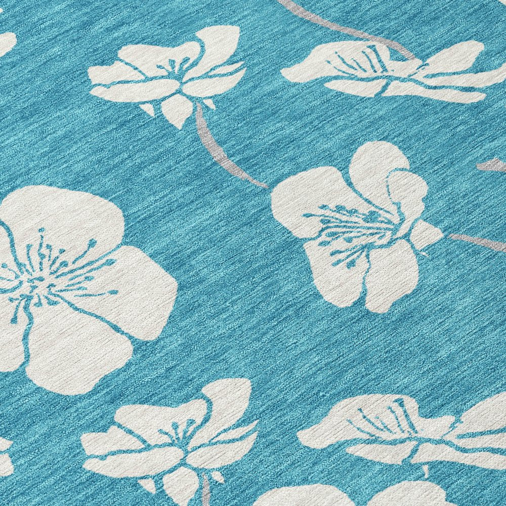 9' X 12' Turquoise Ivory And Gray Floral Washable Indoor Outdoor Area Rug