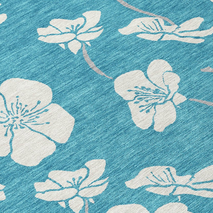 9' X 12' Turquoise Ivory And Gray Floral Washable Indoor Outdoor Area Rug