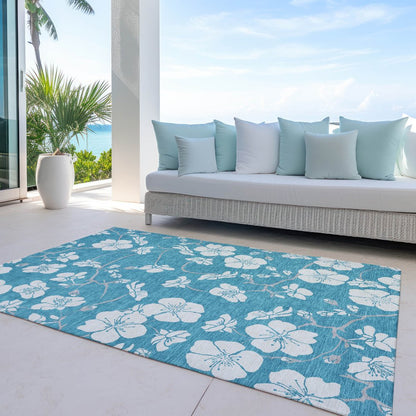 9' X 12' Turquoise Ivory And Gray Floral Washable Indoor Outdoor Area Rug