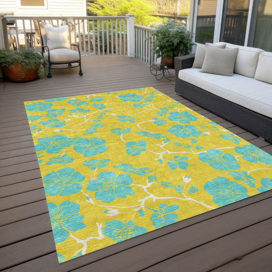 9' X 12' Yellow And Aqua Floral Washable Indoor Outdoor Area Rug