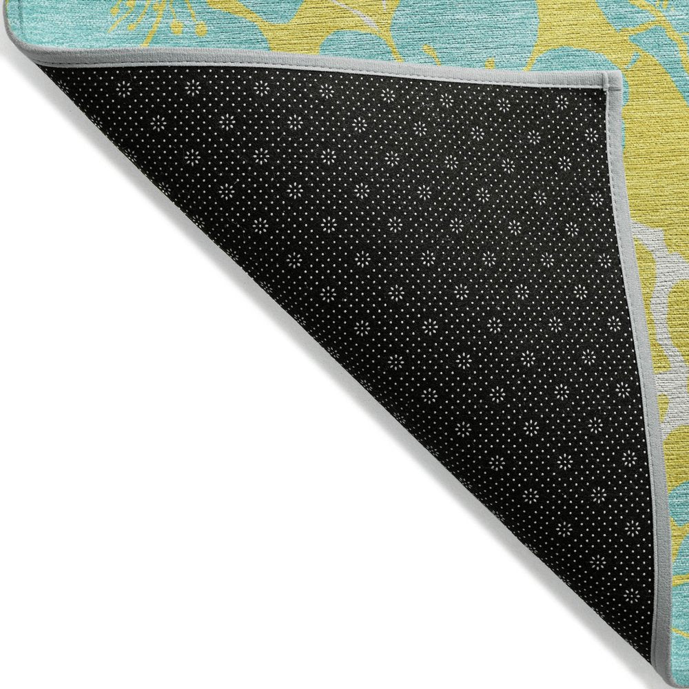 9' X 12' Yellow And Aqua Floral Washable Indoor Outdoor Area Rug
