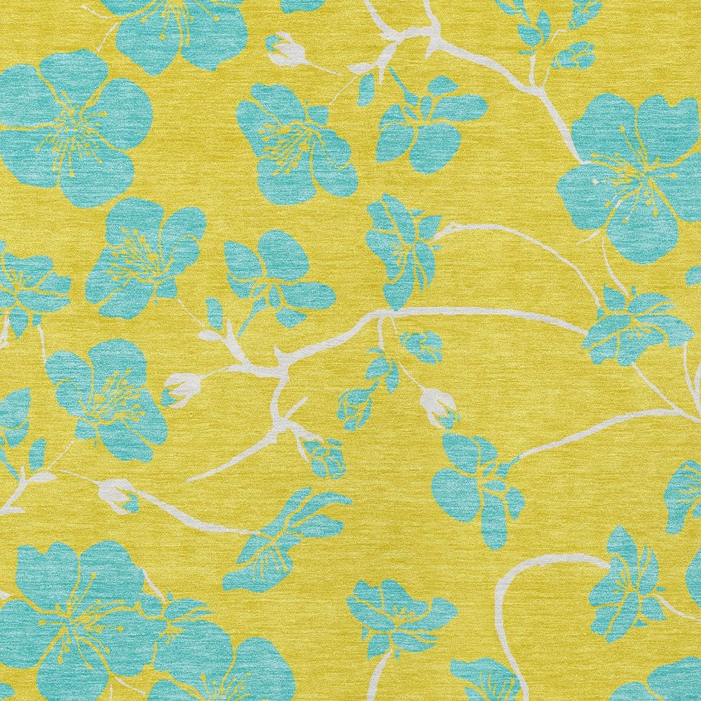 9' X 12' Yellow And Aqua Floral Washable Indoor Outdoor Area Rug