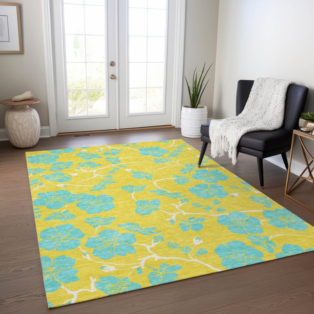 9' X 12' Yellow And Aqua Floral Washable Indoor Outdoor Area Rug