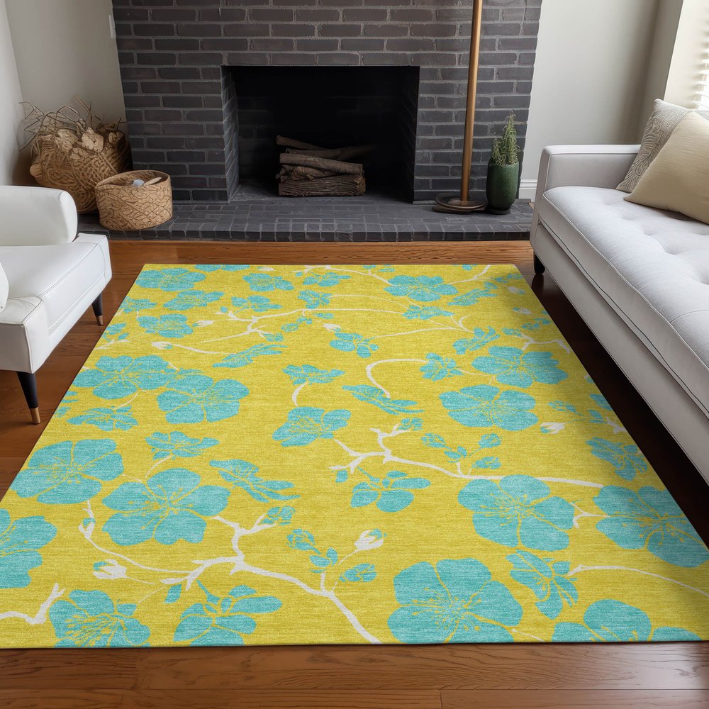 9' X 12' Yellow And Aqua Floral Washable Indoor Outdoor Area Rug