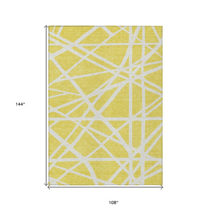 9' X 12' Yellow And Linen Geometric Washable Indoor Outdoor Area Rug