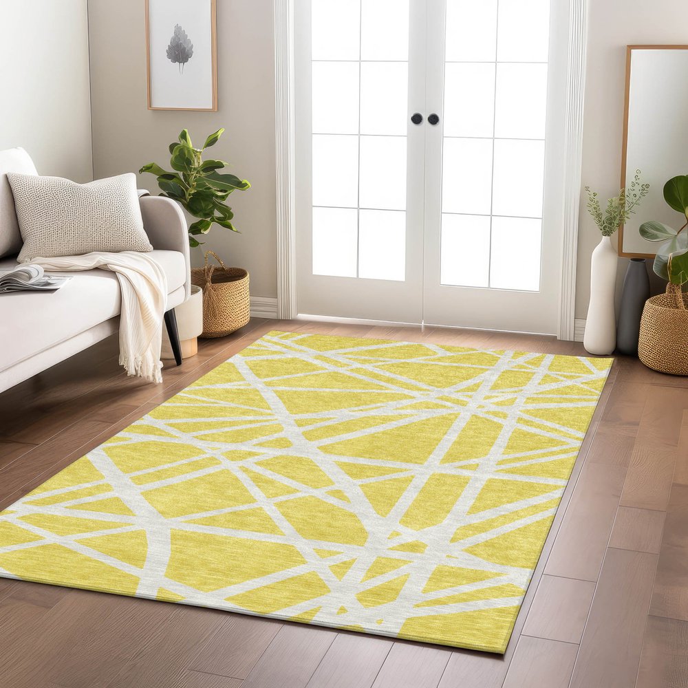 9' X 12' Yellow And Linen Geometric Washable Indoor Outdoor Area Rug