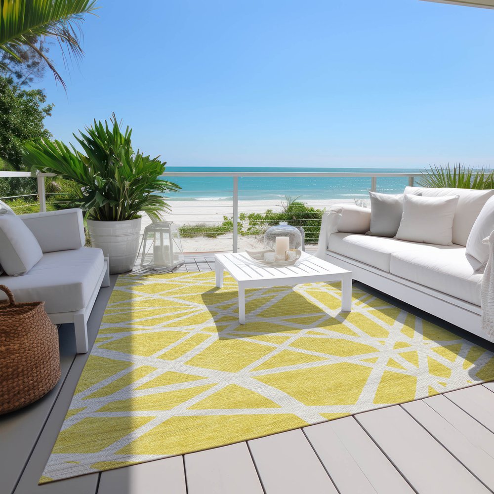 9' X 12' Yellow And Linen Geometric Washable Indoor Outdoor Area Rug