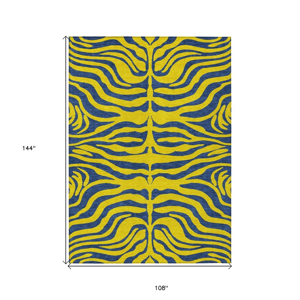 9' X 12' Yellow And Blue Animal Print Washable Indoor Outdoor Area Rug