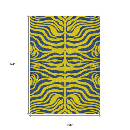 9' X 12' Yellow And Blue Animal Print Washable Indoor Outdoor Area Rug