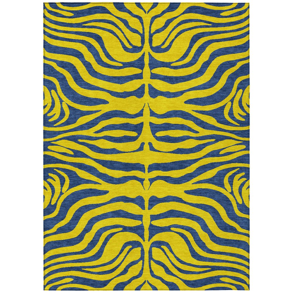 9' X 12' Yellow And Blue Animal Print Washable Indoor Outdoor Area Rug