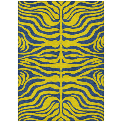 9' X 12' Yellow And Blue Animal Print Washable Indoor Outdoor Area Rug