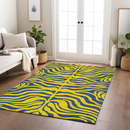9' X 12' Yellow And Blue Animal Print Washable Indoor Outdoor Area Rug