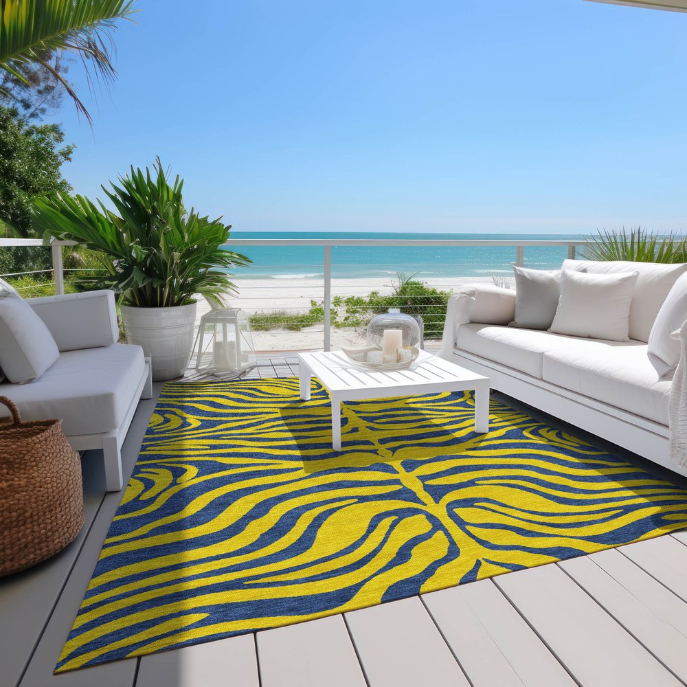 9' X 12' Yellow And Blue Animal Print Washable Indoor Outdoor Area Rug