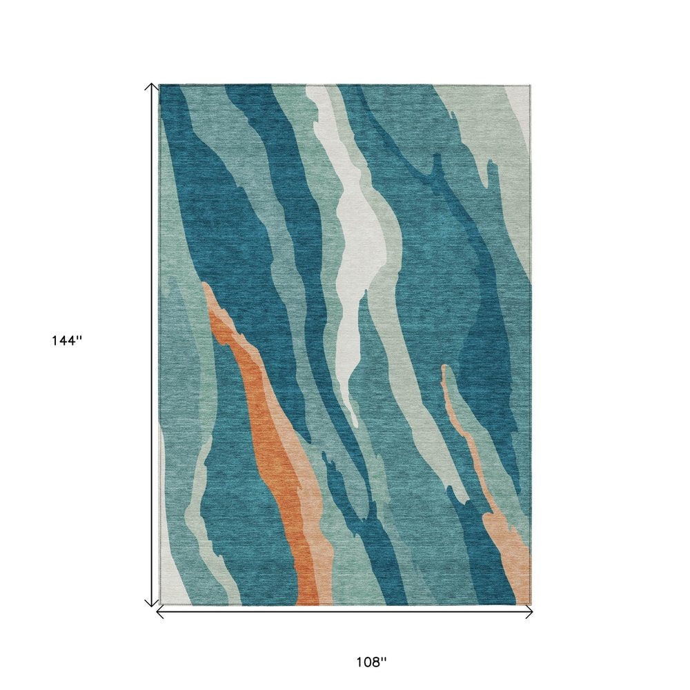 9' X 12' Teal Blue Copper And Ivory Abstract Washable Indoor Outdoor Area Rug