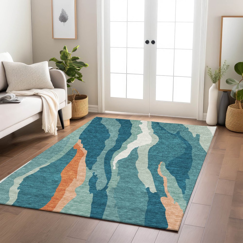 9' X 12' Teal Blue Copper And Ivory Abstract Washable Indoor Outdoor Area Rug