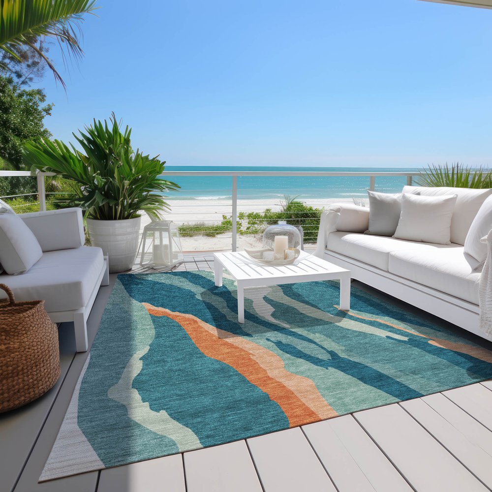 9' X 12' Teal Blue Copper And Ivory Abstract Washable Indoor Outdoor Area Rug