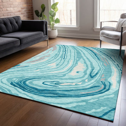 9' X 12' Turquoise Teal Blue And Gray Abstract Washable Indoor Outdoor Area Rug