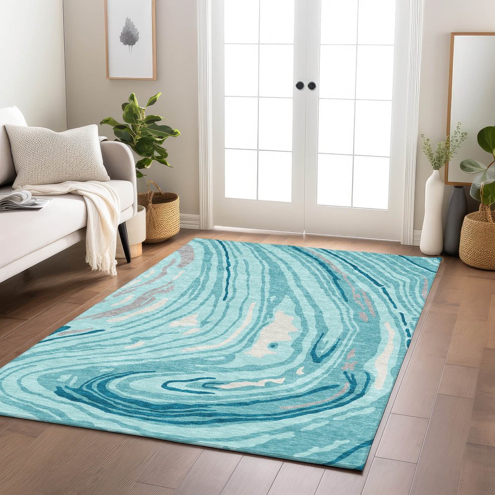 9' X 12' Turquoise Teal Blue And Gray Abstract Washable Indoor Outdoor Area Rug
