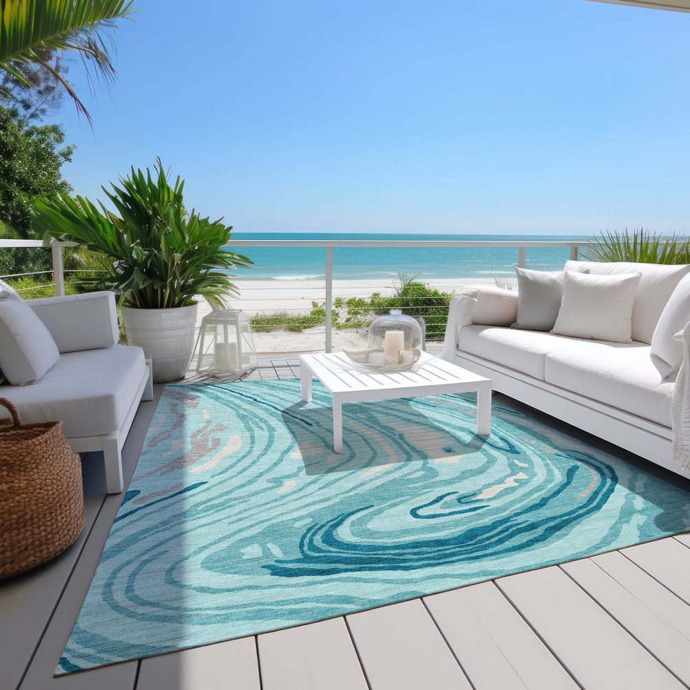 9' X 12' Turquoise Teal Blue And Gray Abstract Washable Indoor Outdoor Area Rug