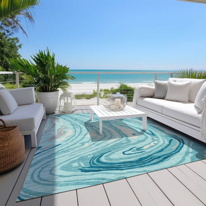 9' X 12' Turquoise Teal Blue And Gray Abstract Washable Indoor Outdoor Area Rug