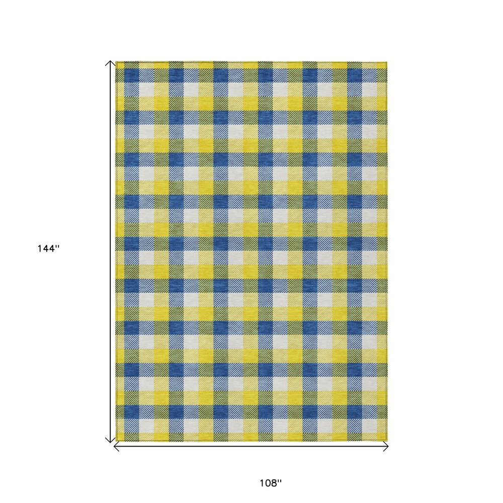 9' X 12' Yellow Blue And Beige Plaid Washable Indoor Outdoor Area Rug