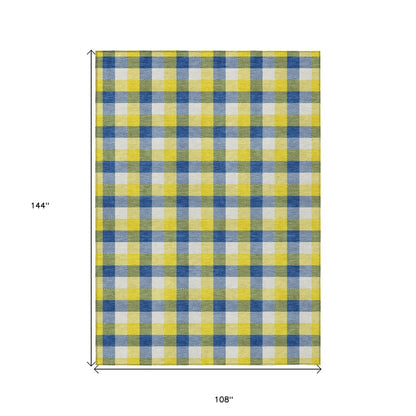 9' X 12' Yellow Blue And Beige Plaid Washable Indoor Outdoor Area Rug